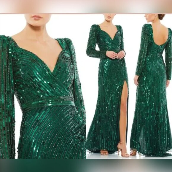 Mac Duggal Metallic VNeck Gown Forest Green Size 6 - Picture 1 of 2